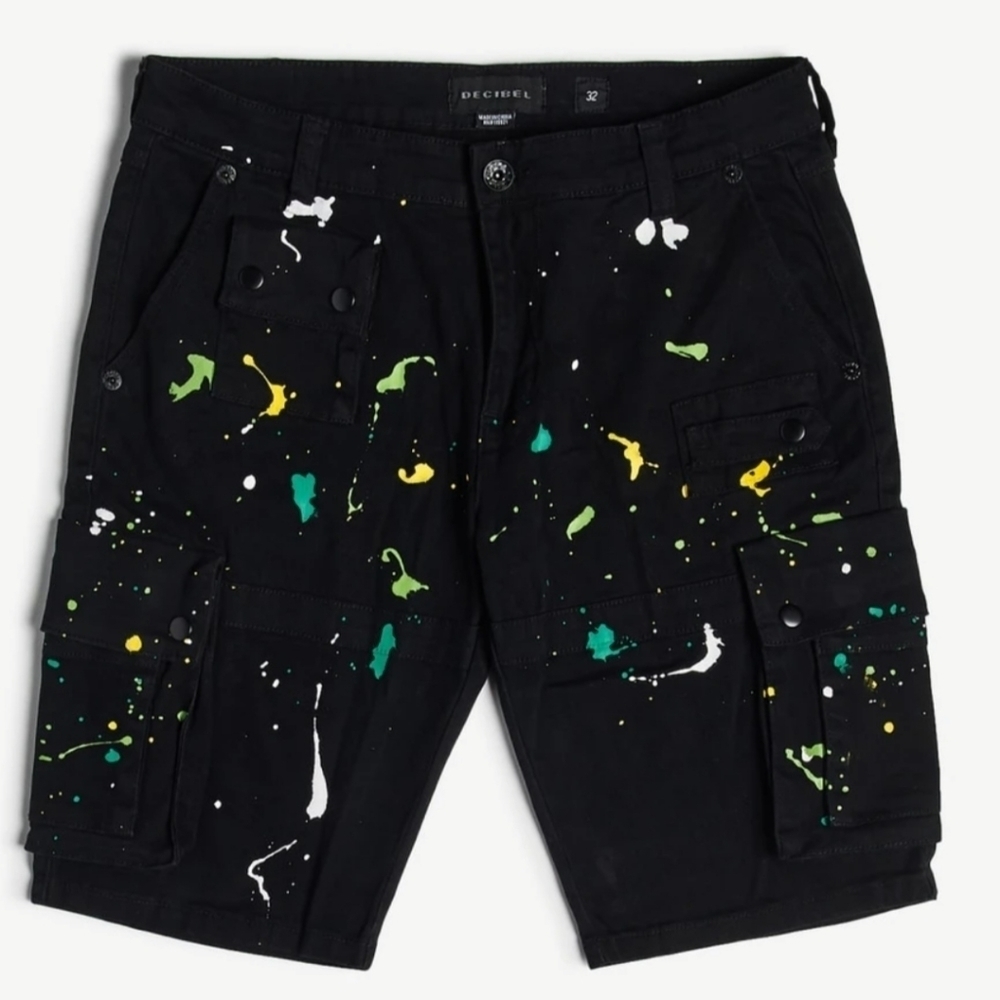 Decibel paint splatter black denim cargo shorts